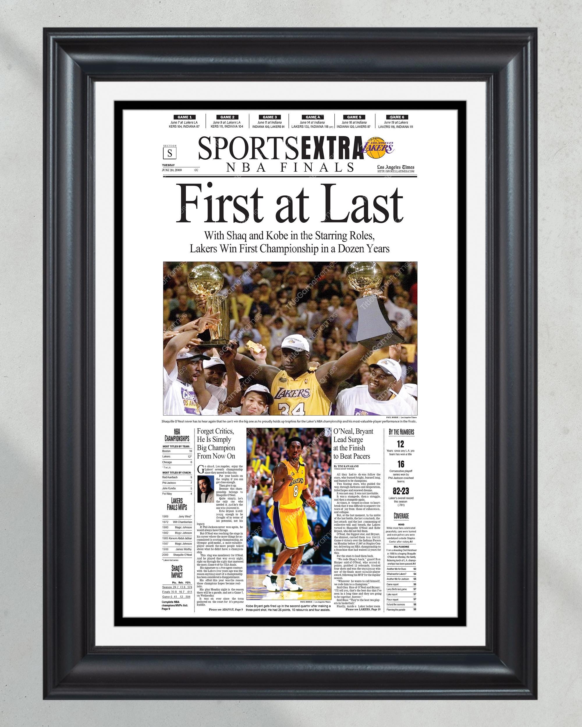 2000 Los Angeles Lakers NBA Champions Framed Newspaper Front Page Newspaper Print Kobe and Shaq Staples Center PT61076