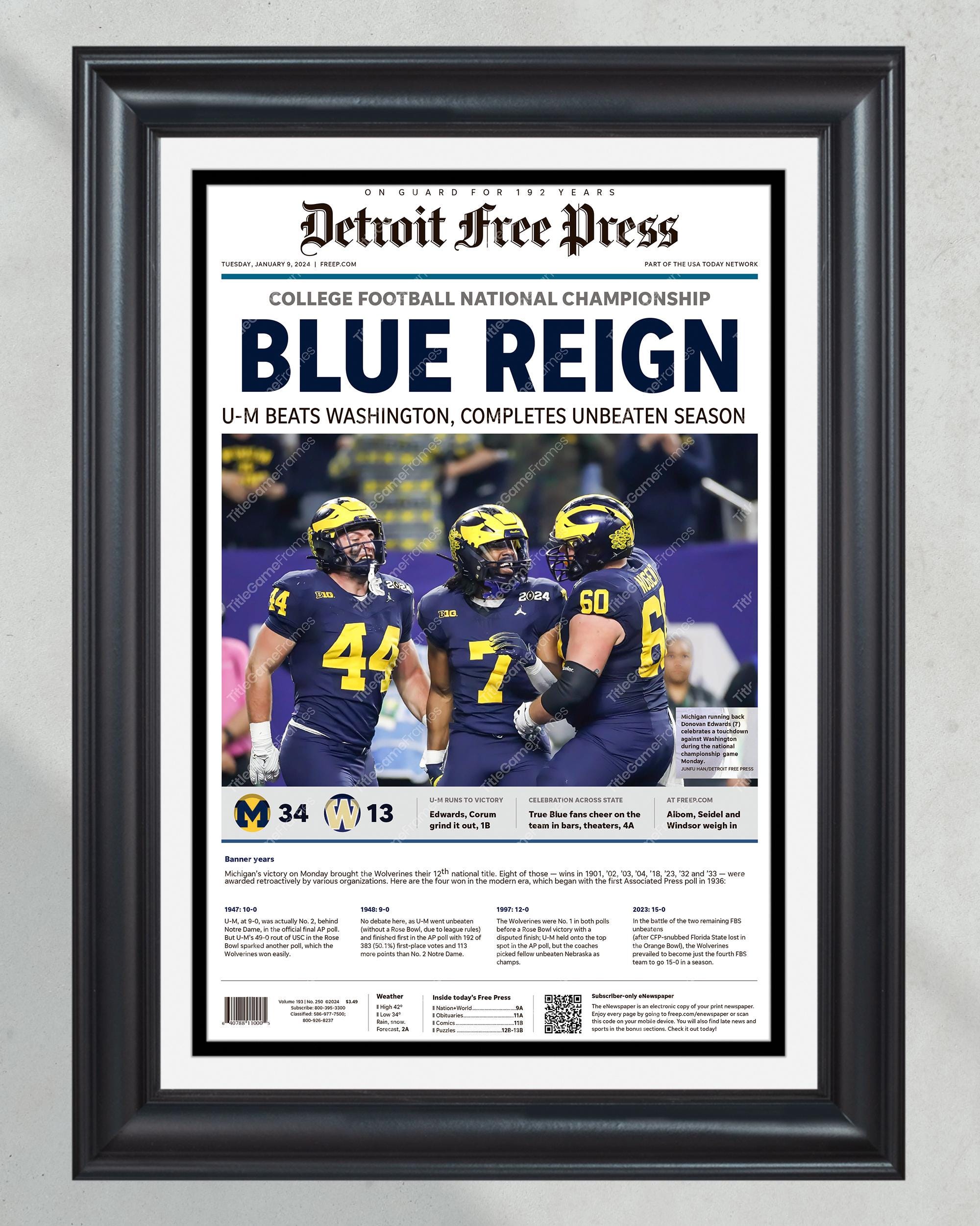 2024 Michigan Wolverines CFP National Championship: 'Blue Reign' Victory Over Washington - Framed Print PT60974