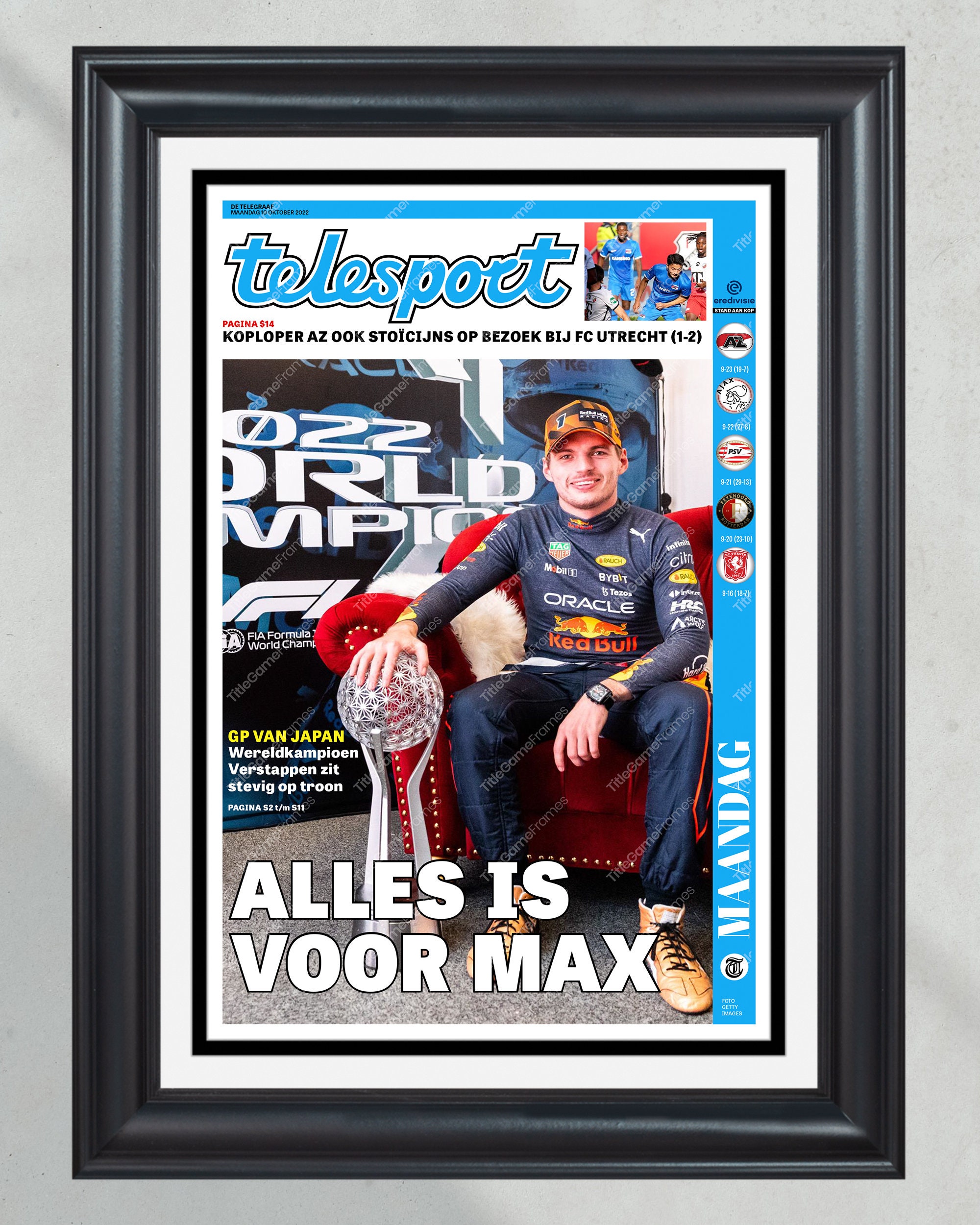 2022 Max Verstappen F1 World Champion Framed Front Page Newspaper Print PT60283