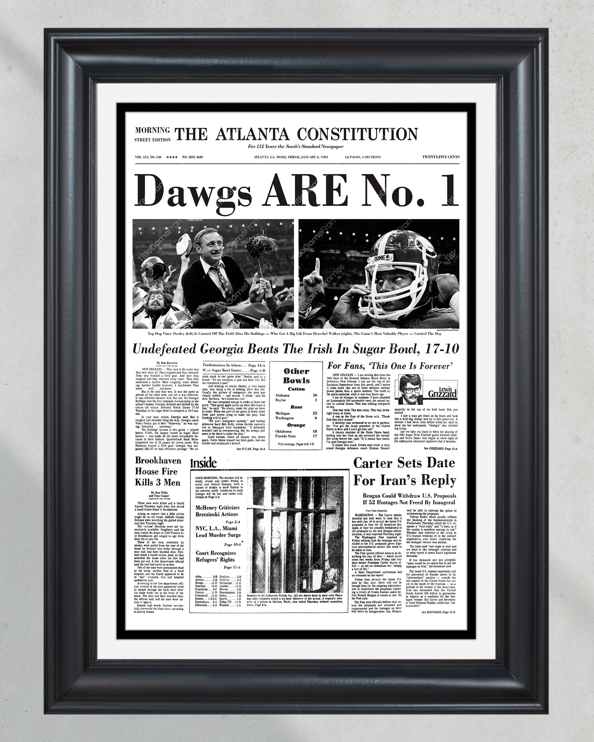 1980 Georgia Bulldogs National Champions Framed Front Page Newspaper Print UGA PT60492