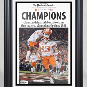 2016 - 2017 Clemson Tigers NCAA College Football National Champions Framed Front Page Newspaper Print