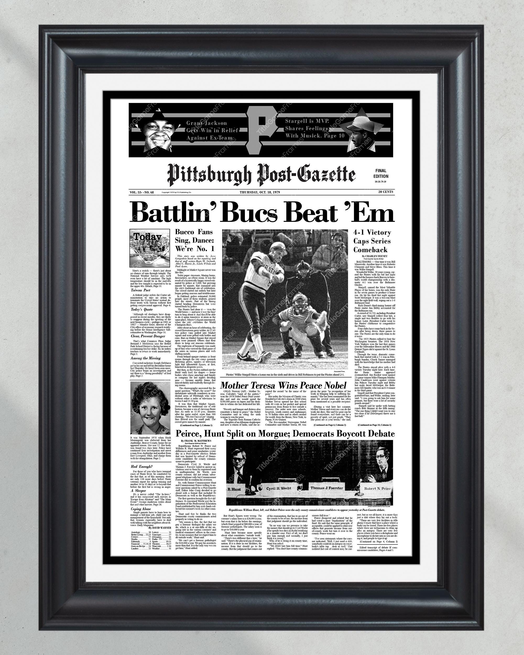 1979 Pittsburgh Pirates World Series Champions Framed Front Page Newspaper Print PT60755