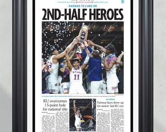 May include: A newspaper headline reads "2nd-Half Heroes" with a photo of a basketball team celebrating their victory. The headline also states "Kansas 72 | UNC 69".