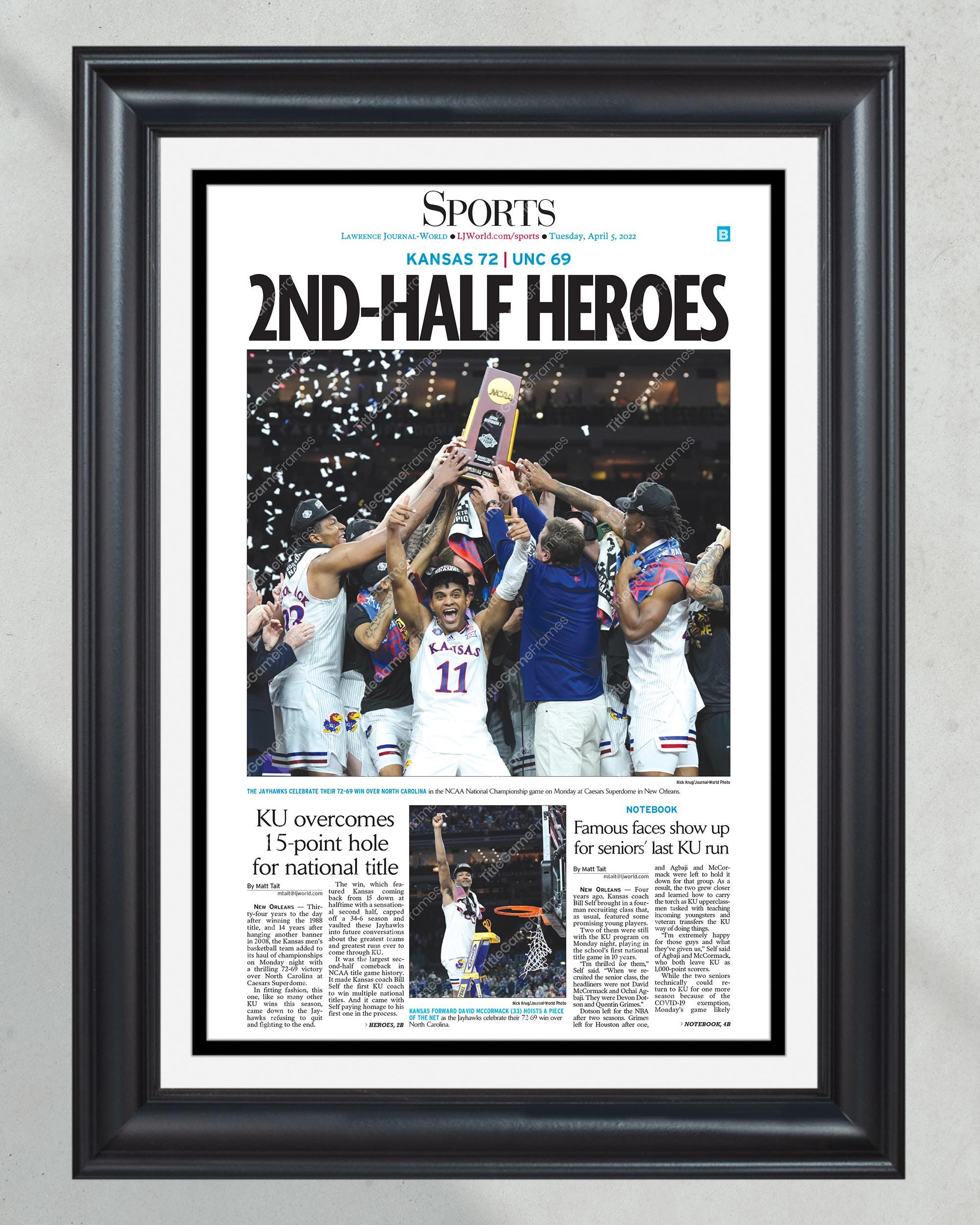 2022 Kansas Jayhawks NCAA Men's Basketball National Champions - '2nd-Half Heroes' Framed Newspaper PT60502