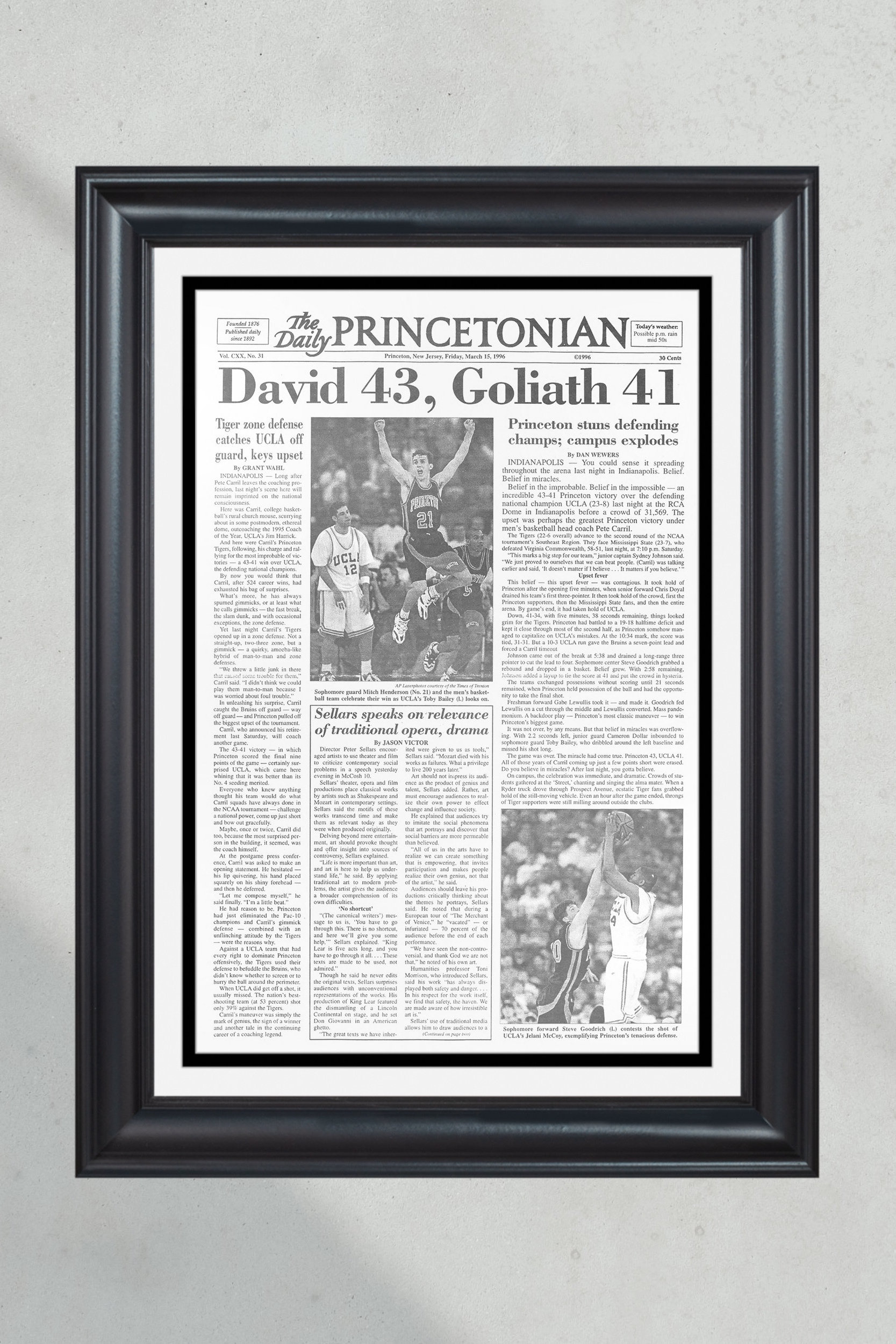 1996 Princeton Tigers NCAA Basketball Tournament Front Page Newspaper Print PT60195