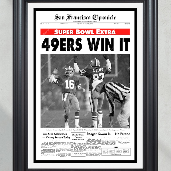 1985 San Francisco 49ers Super Bowl Meister eingerahmt Titelseite Zeitungsdruck Joe Montana