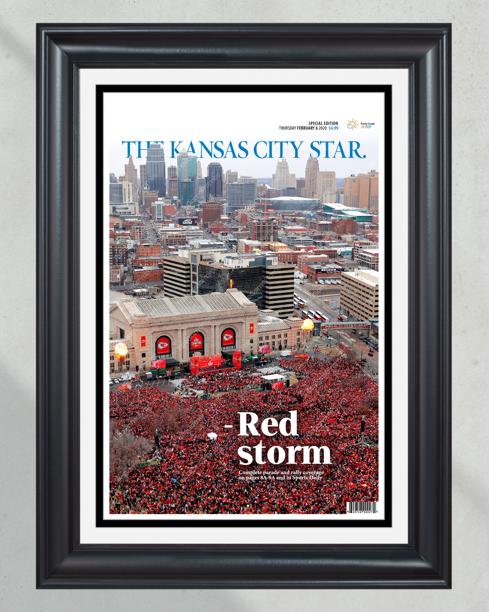 2020 Kansas City Chiefs "Red Storm" Super Bowl LIV Championship Parade Framed Front Page Newspaper PT60383