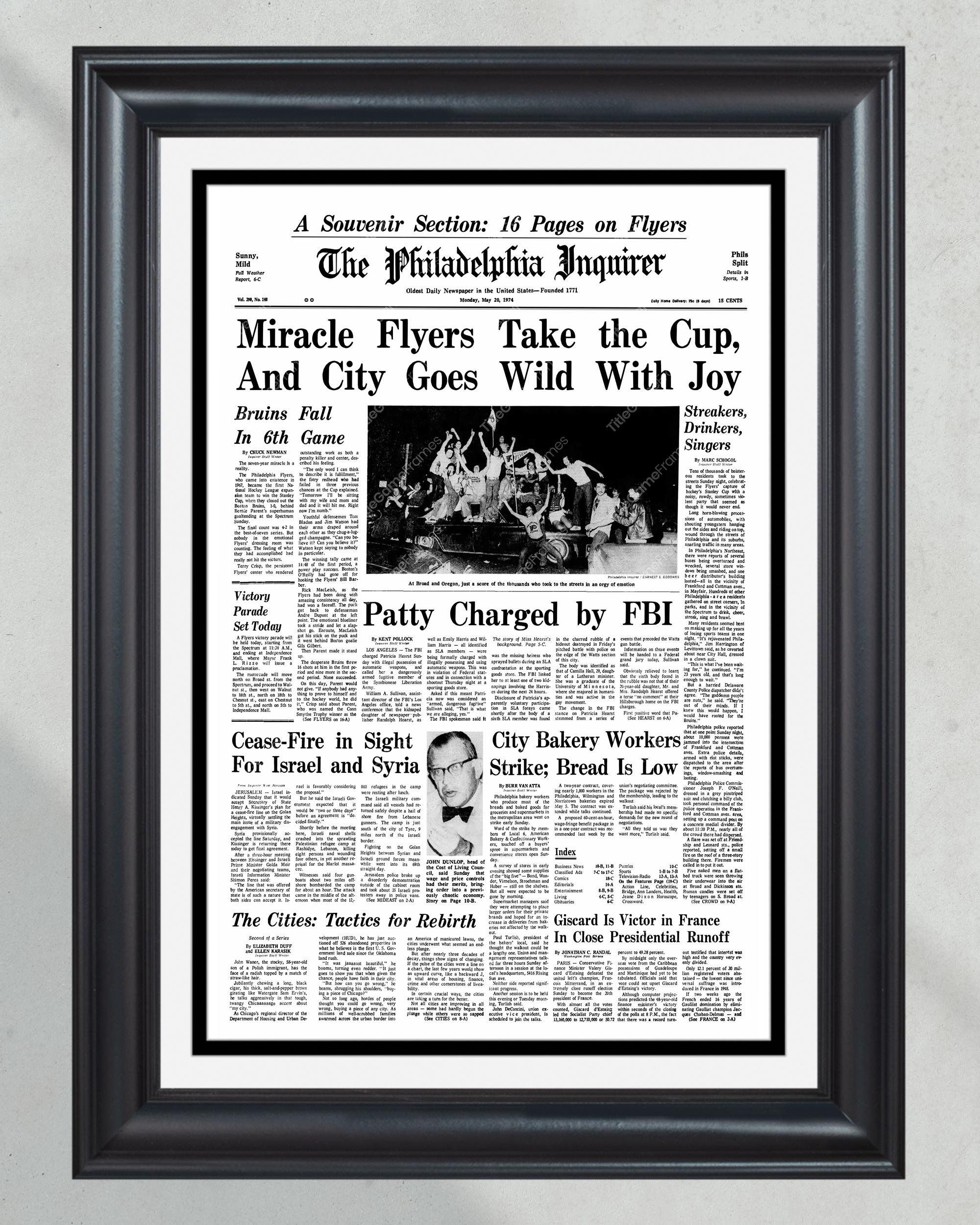 1974 Philadelphia Flyers Stanley Cup Champion Framed Front Page Newspaper Print PT60571