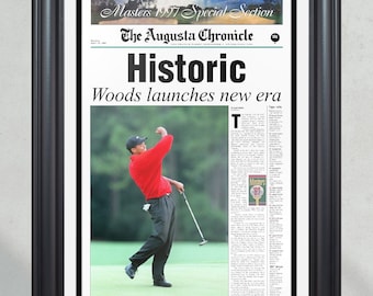 1997 Tiger Woods 'Historic' Masters Champion Framed Newspaper Print