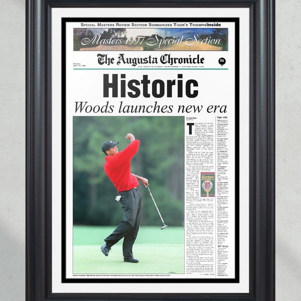 Impresión de periódico enmarcada campeón del Masters 'histórico' de Tiger Woods de 1997