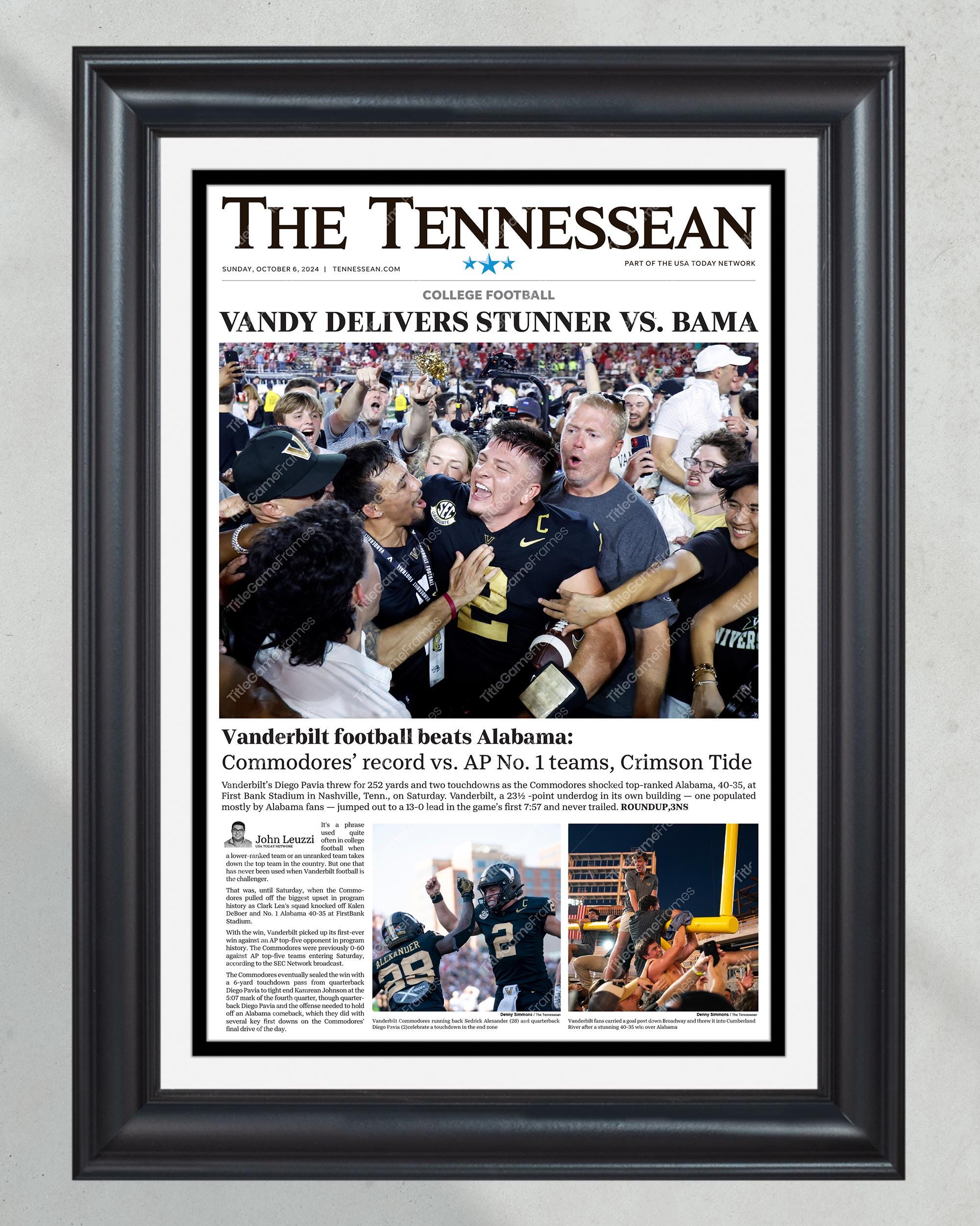 2024 Vanderbilt Commodores' Historic Upset Over No. 1 Alabama Framed Newspaper Print PT60542