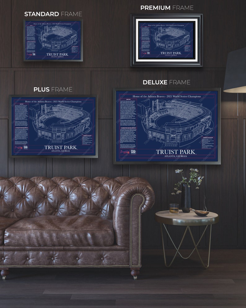 Mockup of Truist Park Blueprint Frames Enhancing an Office Wall.