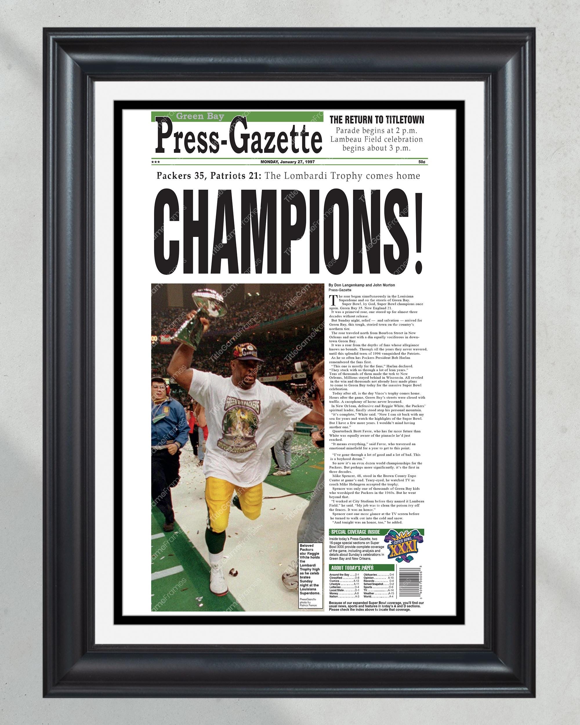1997 Green Bay Packers Super Bowl 'CHAMPIONS!' Framed Newspaper Cover Print Reggie White PT60434