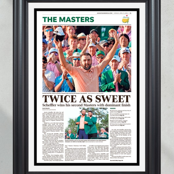 2024 Masters Champion Scottie Scheffler 'TWICE AS SWEET'  Framed Front Page Newspaper