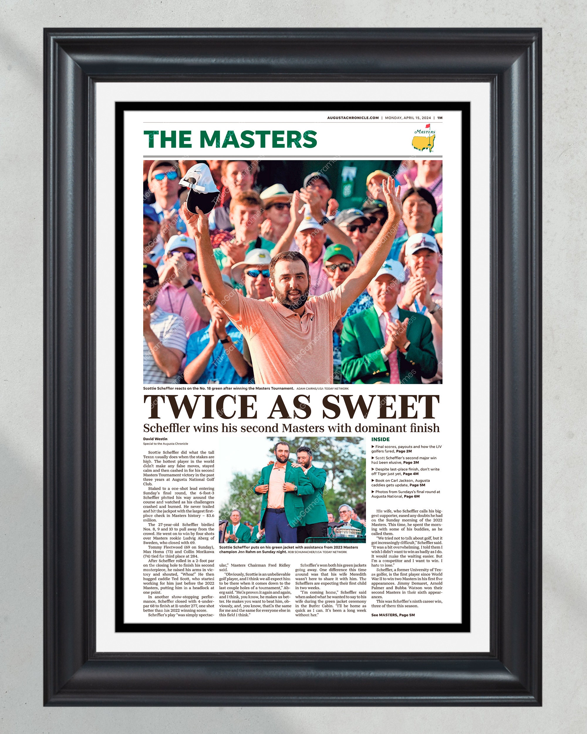 2024 Masters Champion Scottie Scheffler 'TWICE AS SWEET' Framed Front Page Newspaper PT61078