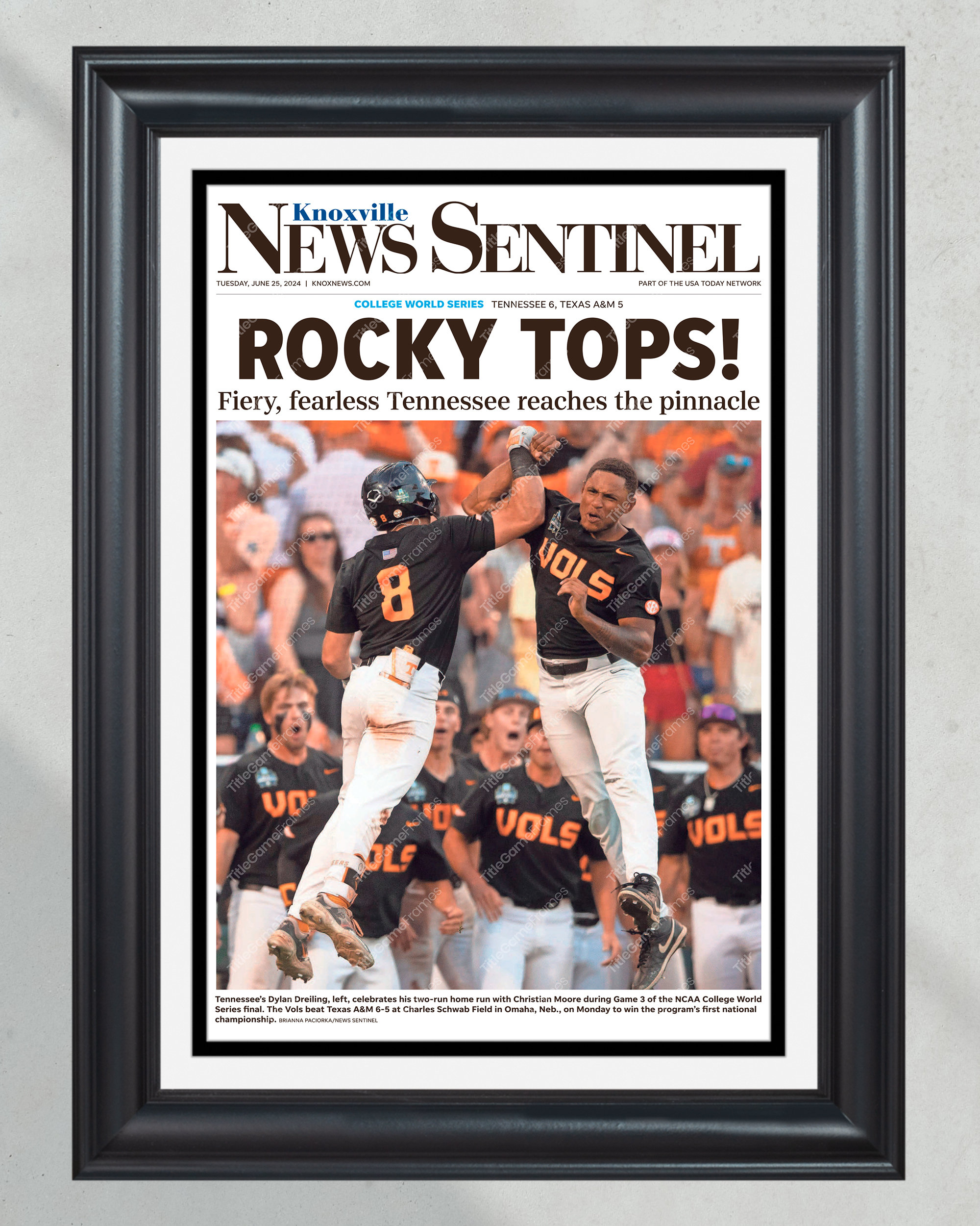 2024 Tennessee Volunteers CWS Champions 'Rocky Tops!' Framed Commemorative Newspaper PT60568