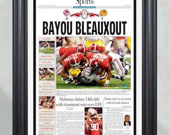 2011 Alabama Crimson Tide 'BAYOU BLEAUXOUT' NCAA National Champions Framed Newspaper Print