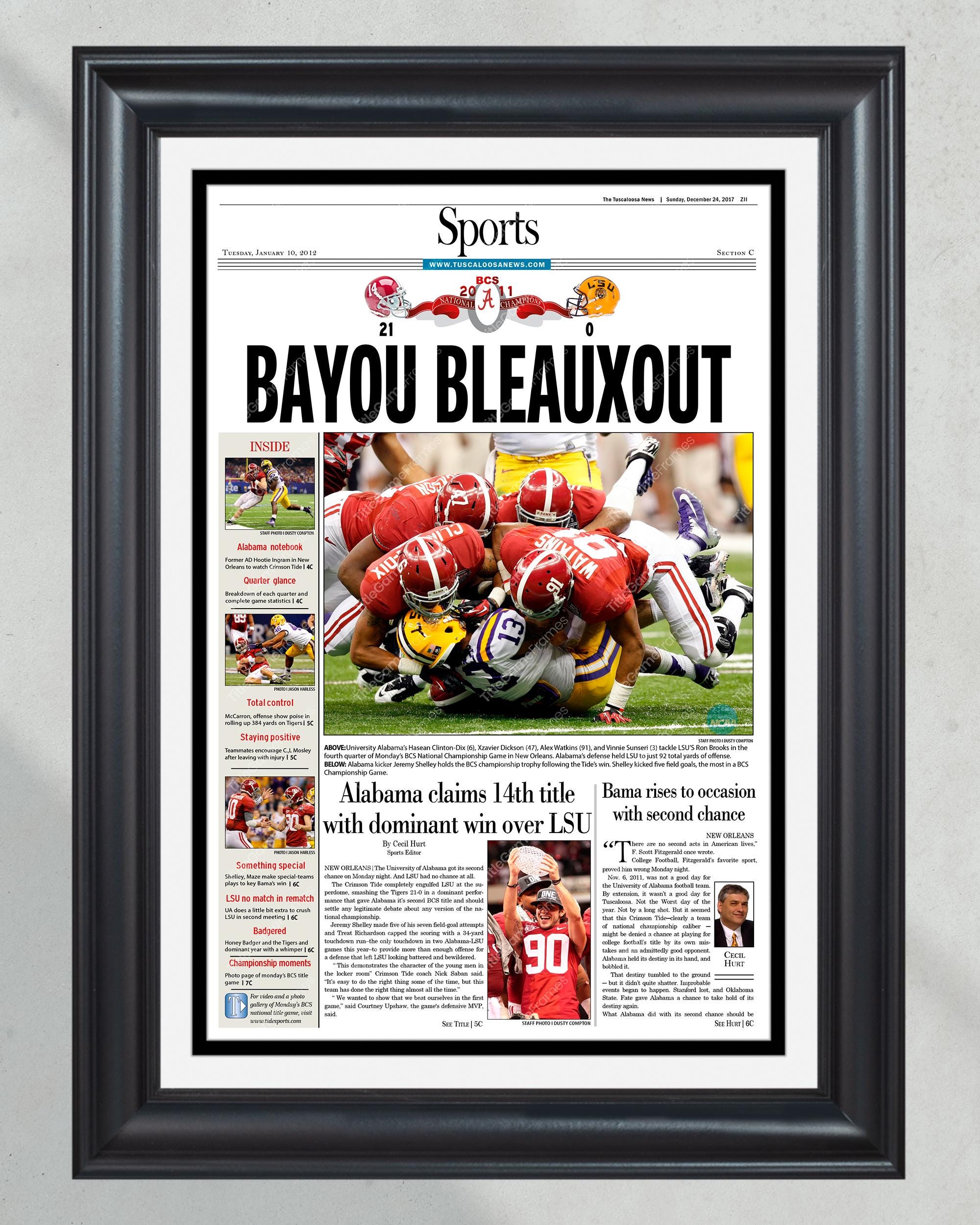 2011 Alabama Crimson Tide 'BAYOU BLEAUXOUT' NCAA National Champions Framed Newspaper Print PT60513