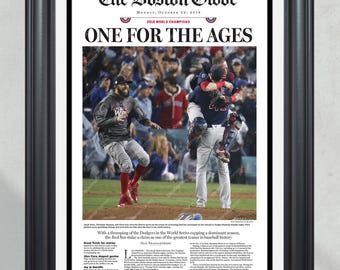 May include: A vintage Boston Globe newspaper front page with the headline "One for the Ages" celebrating the Red Sox 2018 World Series Championship. The image shows players celebrating on the field.