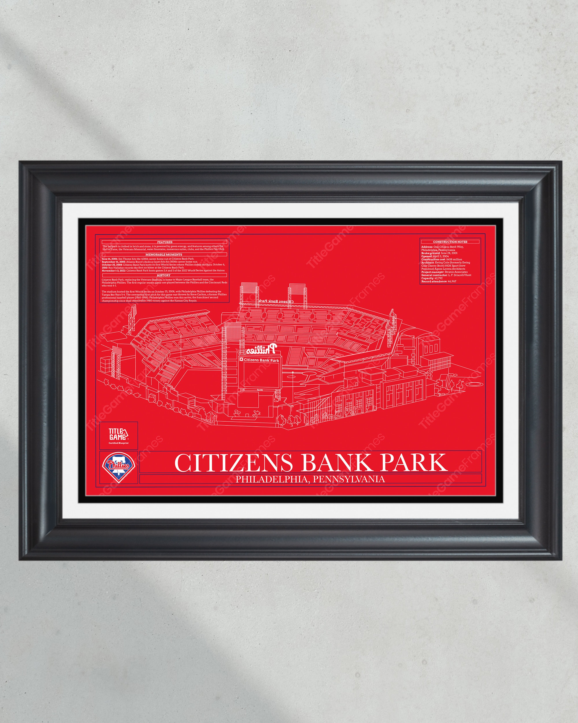 Philadelphia Phillies Citizens Bank Park Stadium Ballpark Blueprint Baseball Wall Art PT60778