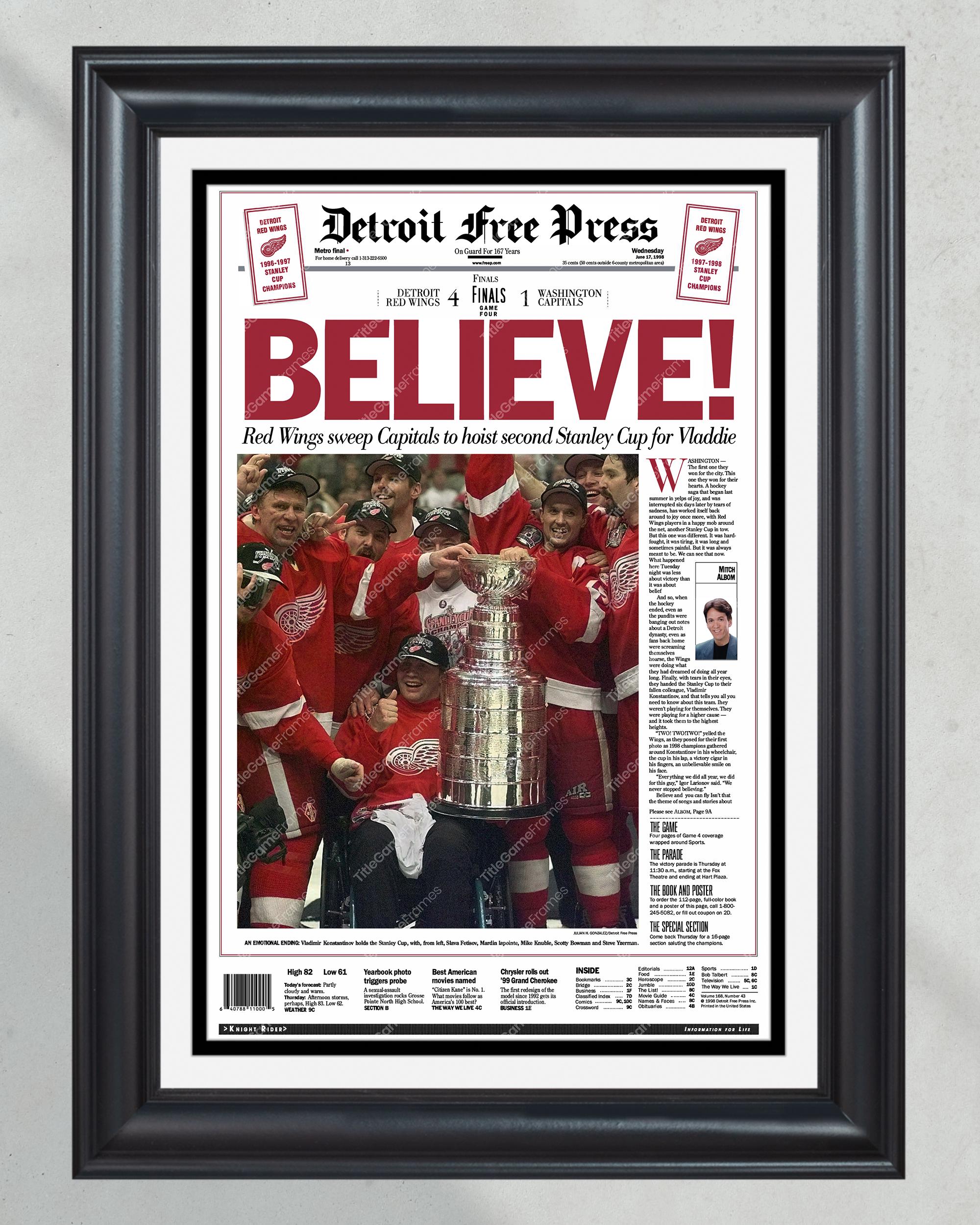1998 Detroit Red Wings Stanley Cup Champions "BELIEVE!" Framed Front Page Newspaper PT60240