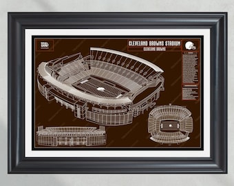 May include: A brown and white architectural drawing of the Cleveland Browns Stadium, a football stadium in Cleveland, Ohio. The drawing shows the stadium from a bird's eye view, with the field in the center and the stands surrounding it. The drawing also includes a key with information about the stadium.