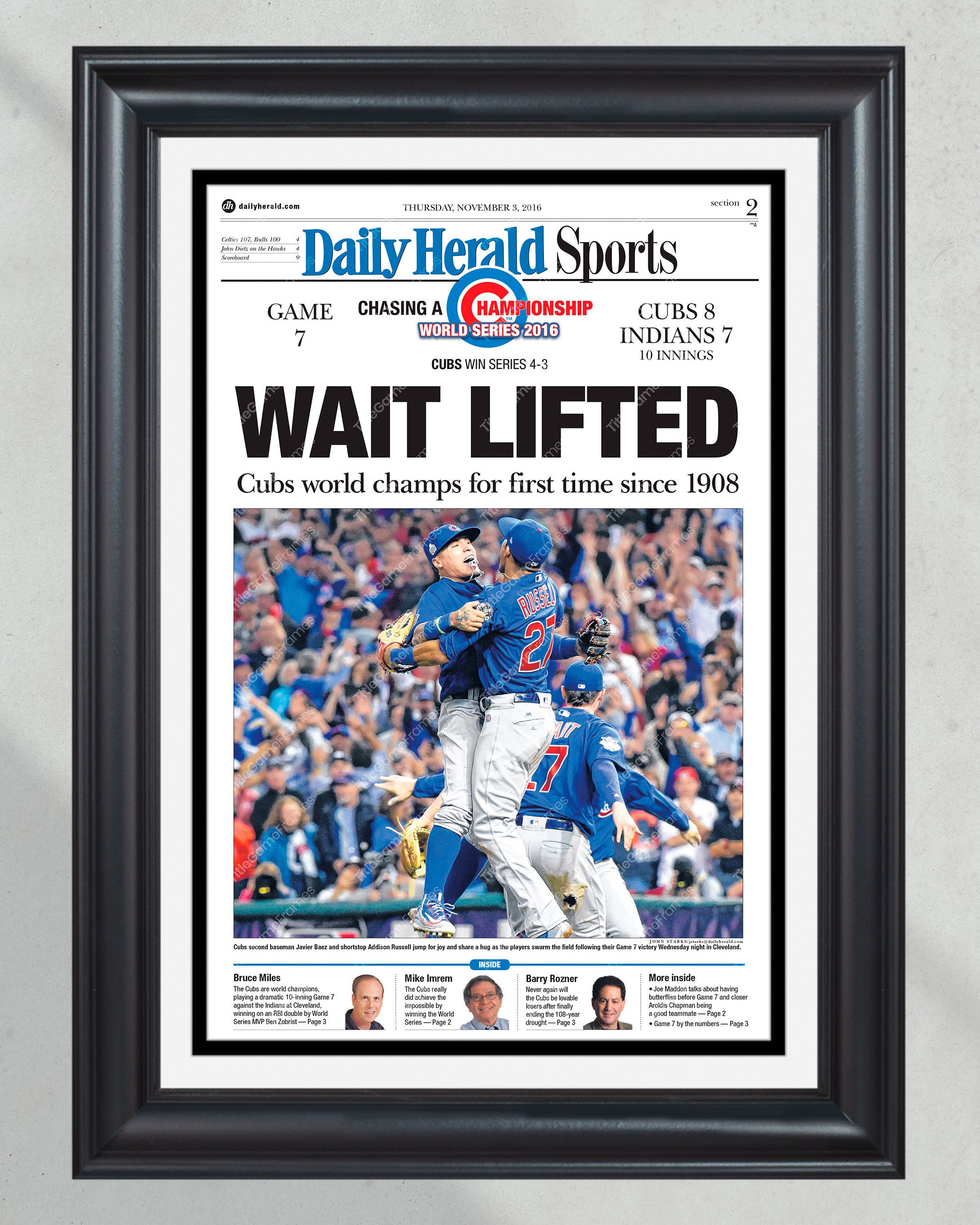 2016 Chicago Cubs 'WAIT LIFTED' World Series Champions Framed Newspaper PT60535