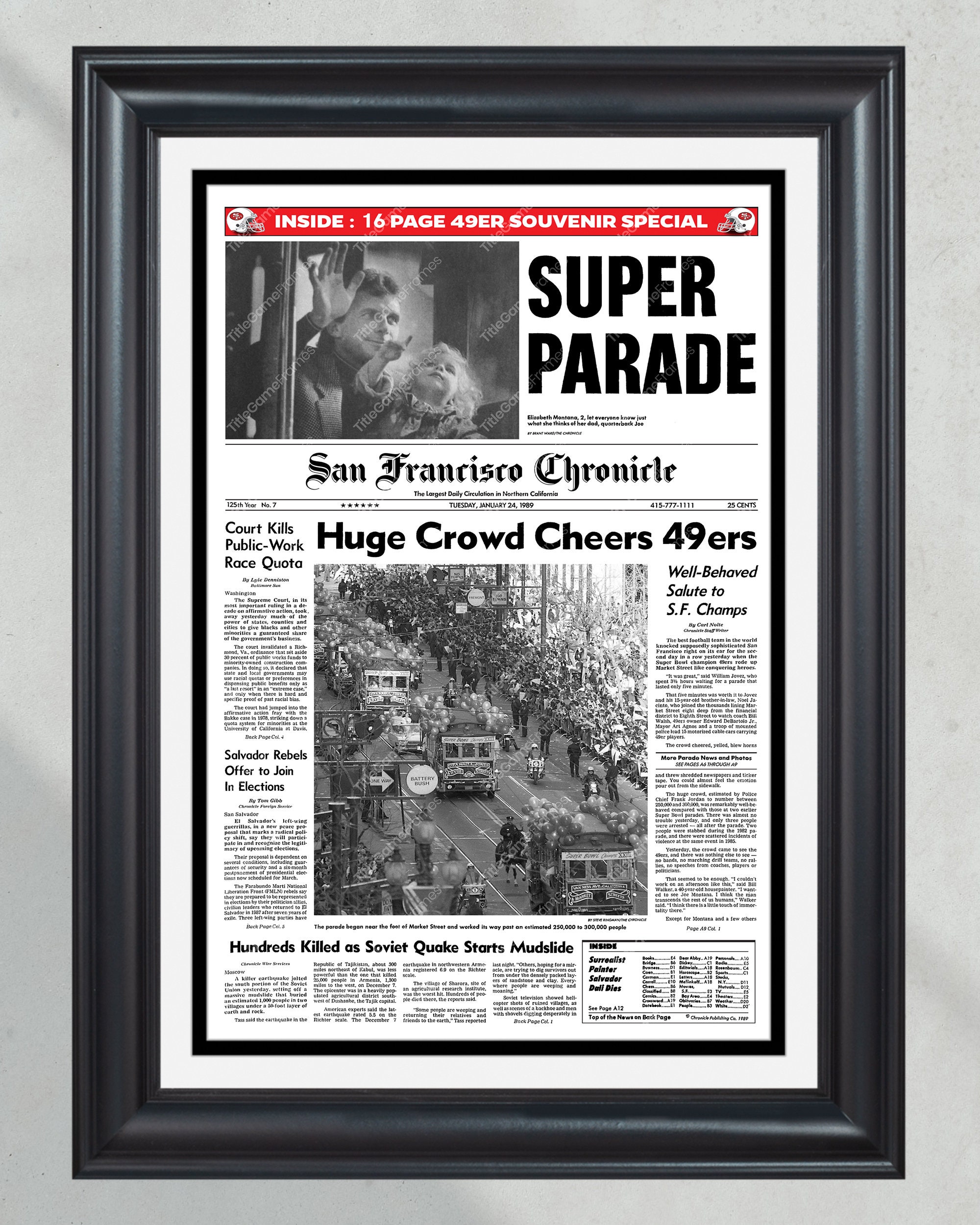 1989 San Francisco 49ers Super Bowl XXIII 'Champions Parade' Framed Front Page Newspaper PT60266