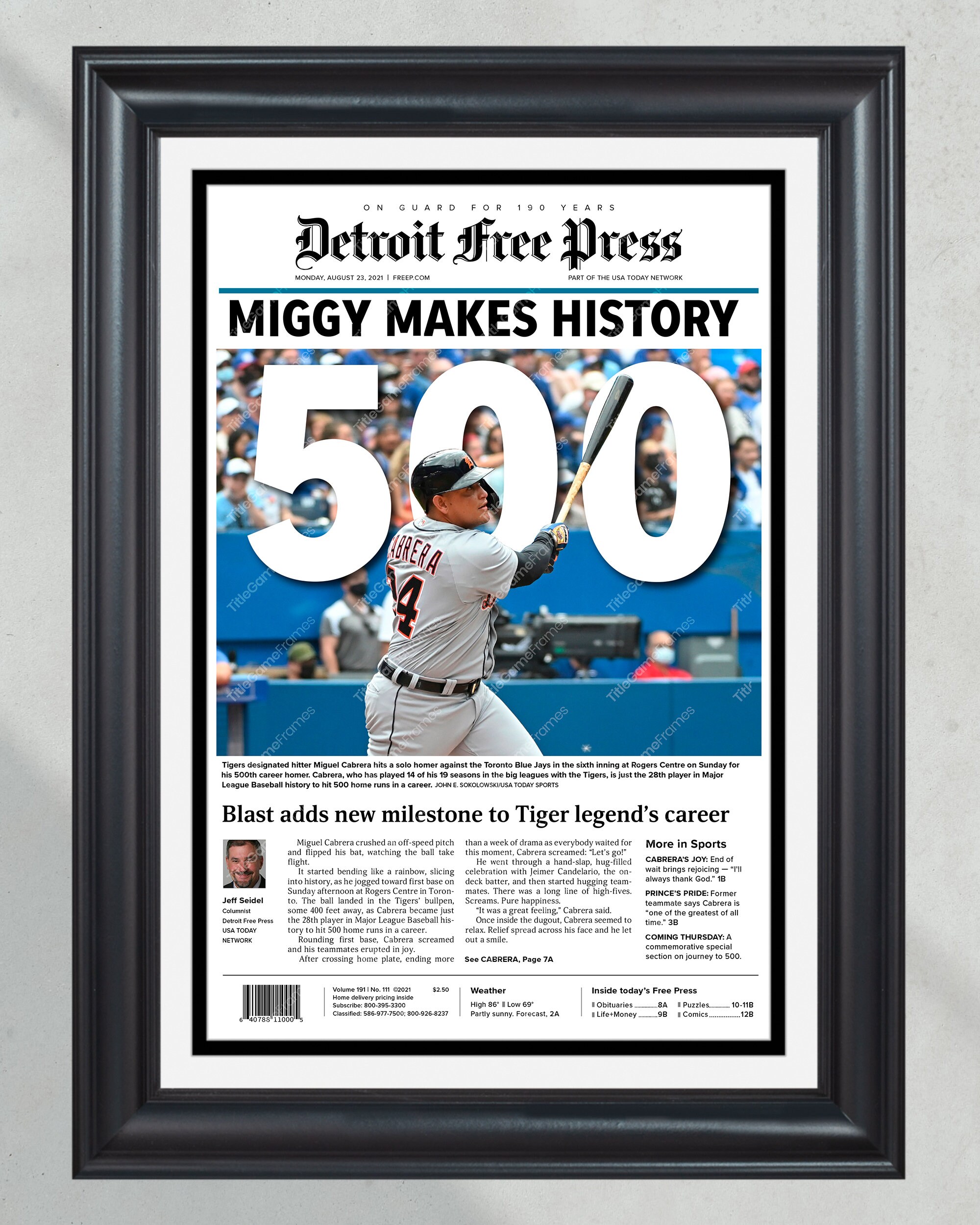 Miguel Cabrera 'Miggy' Historic 500th Home Run Framed Front Page Newspaper PT60838