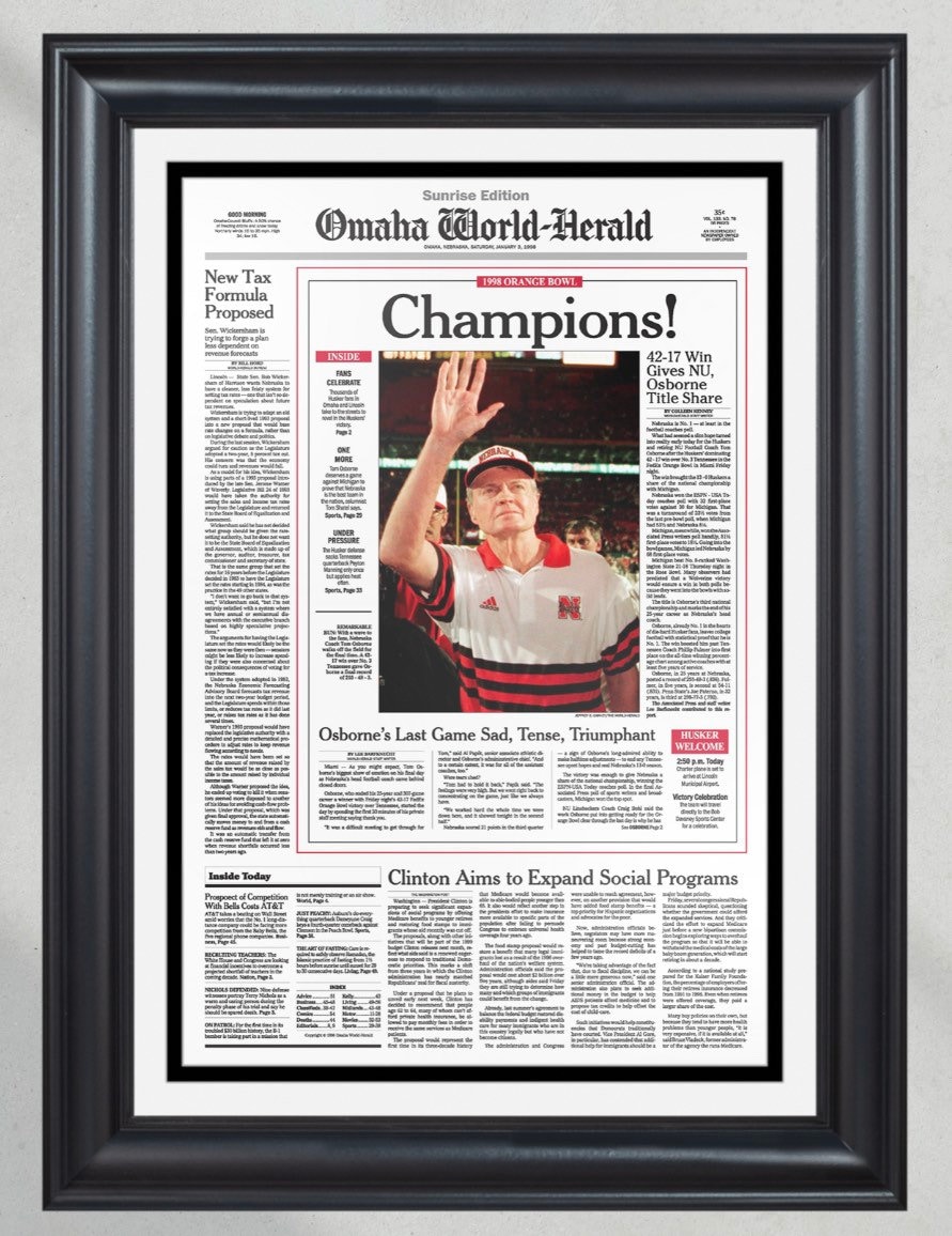1997 Nebraska Cornhuskers NCAA College Football National Champions Framed Front Page Newspaper Print PT60257