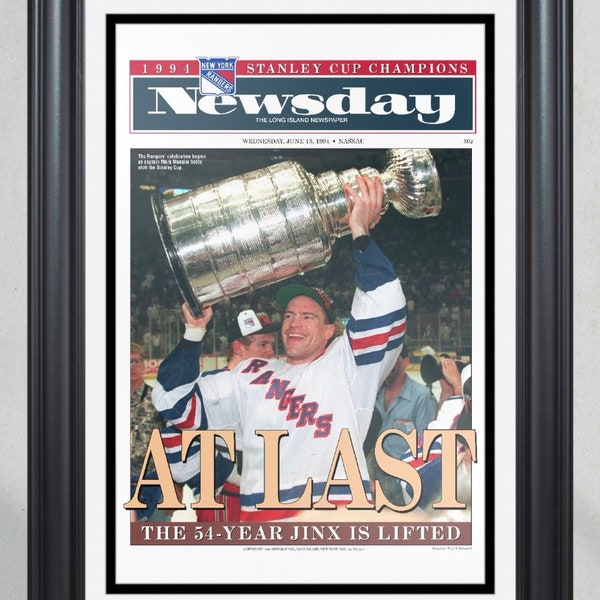 1994 NY Rangers “At Last” Stanley Cup Champion Framed Front Page Newspaper Print