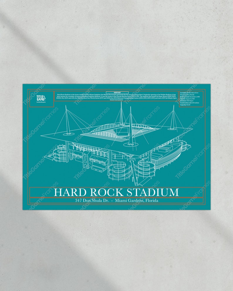 Miami Dolphins Hard Rock Stadium Blueprint Football Print image 5