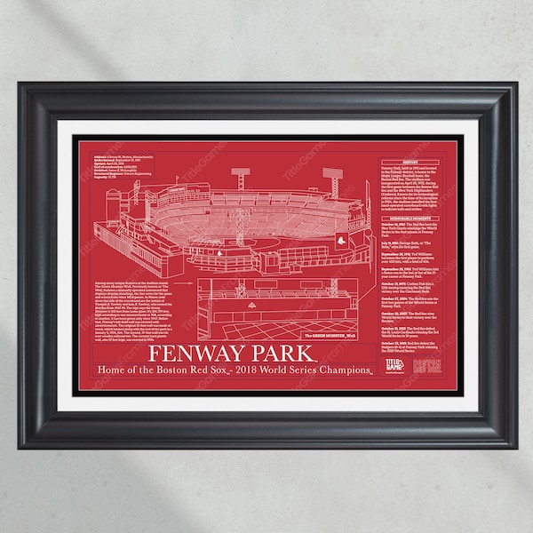 Boston Red Sox Fenway Park Stadium Ballpark Blueprint Baseball Wall Art