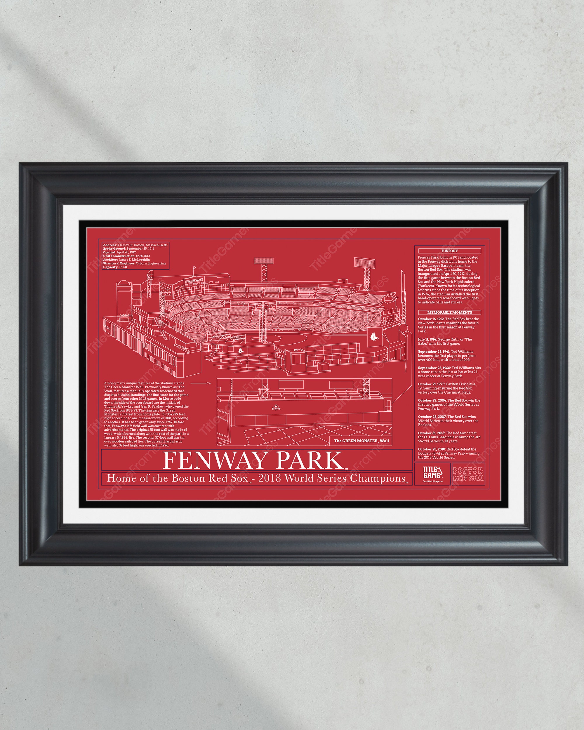 Boston Red Sox Fenway Park Stadium Ballpark Blueprint Baseball Wall Art PT60923