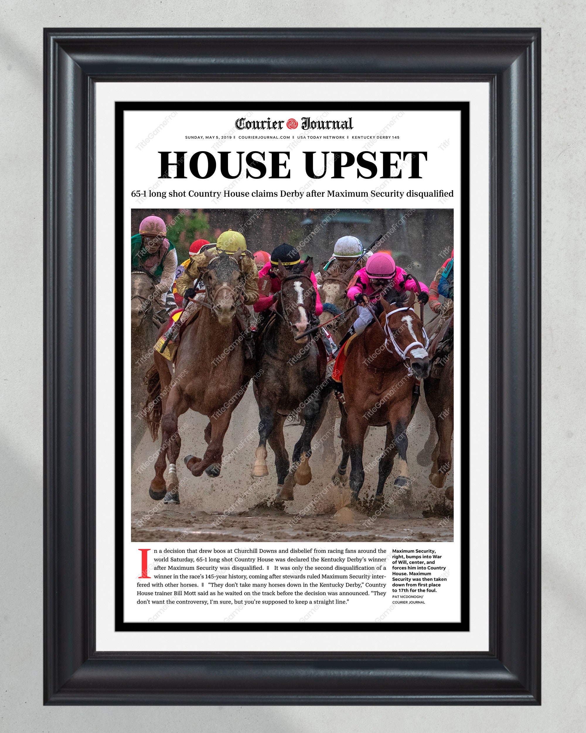 2019 Kentucky Derby 145 'House Upset' - Framed Newspaper Print - Historic Disqualification of Maximum Security PT60432