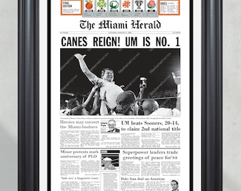 1988 Miami Football "CANES REIGN!" Winst Orange Bowl Championship vs Oklahoma ingelijste krant