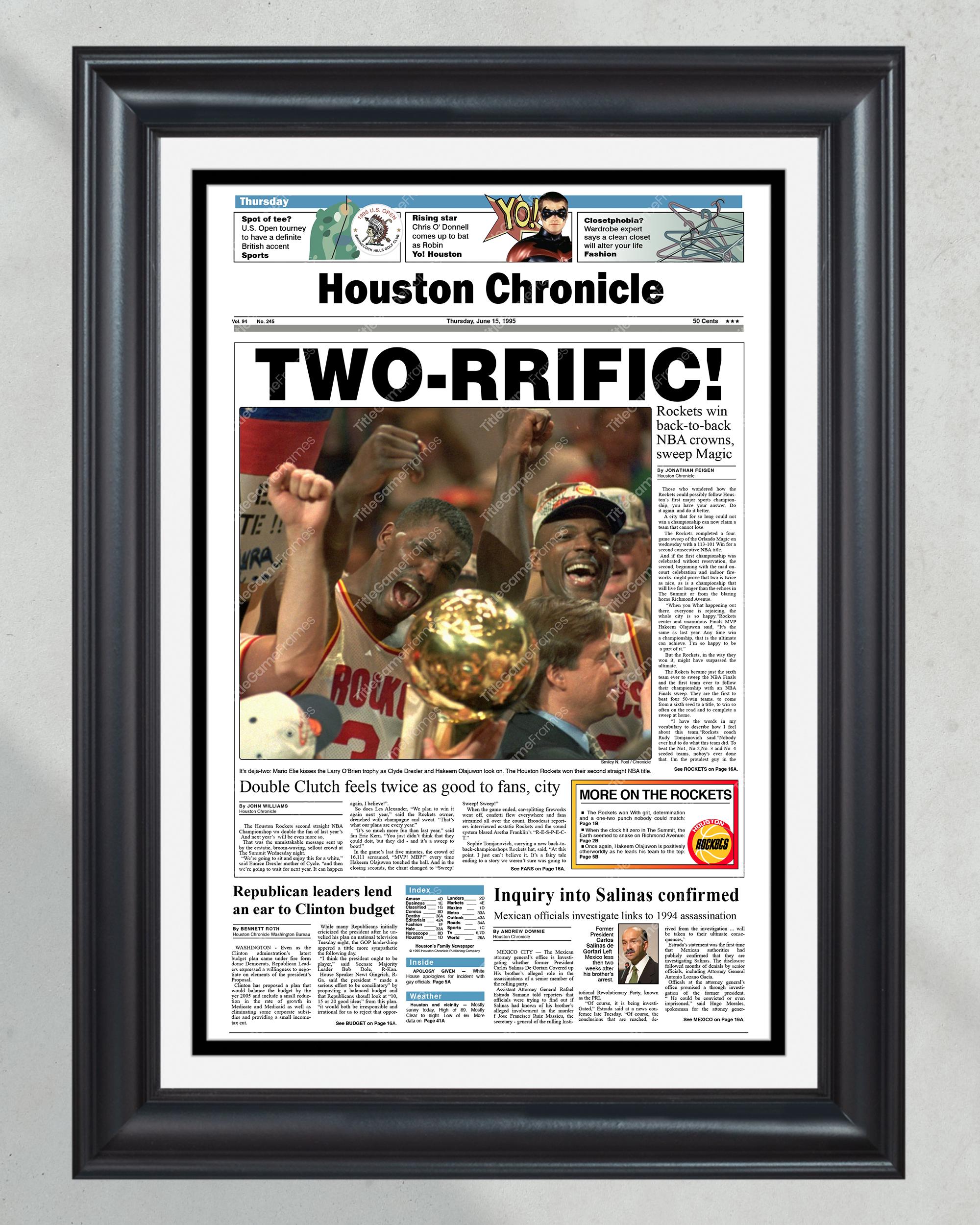 1995 Houston Rockets NBA Champion Framed Front Page Newspaper Print - Two-rrific!' PT60561