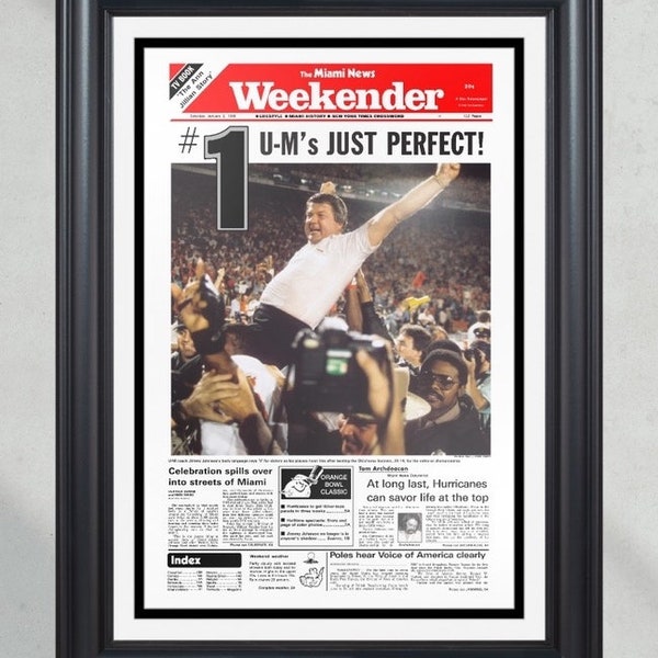 1988 Miami Hurricanes NCAA College Football National Champions Framed Front Page Newspaper Print