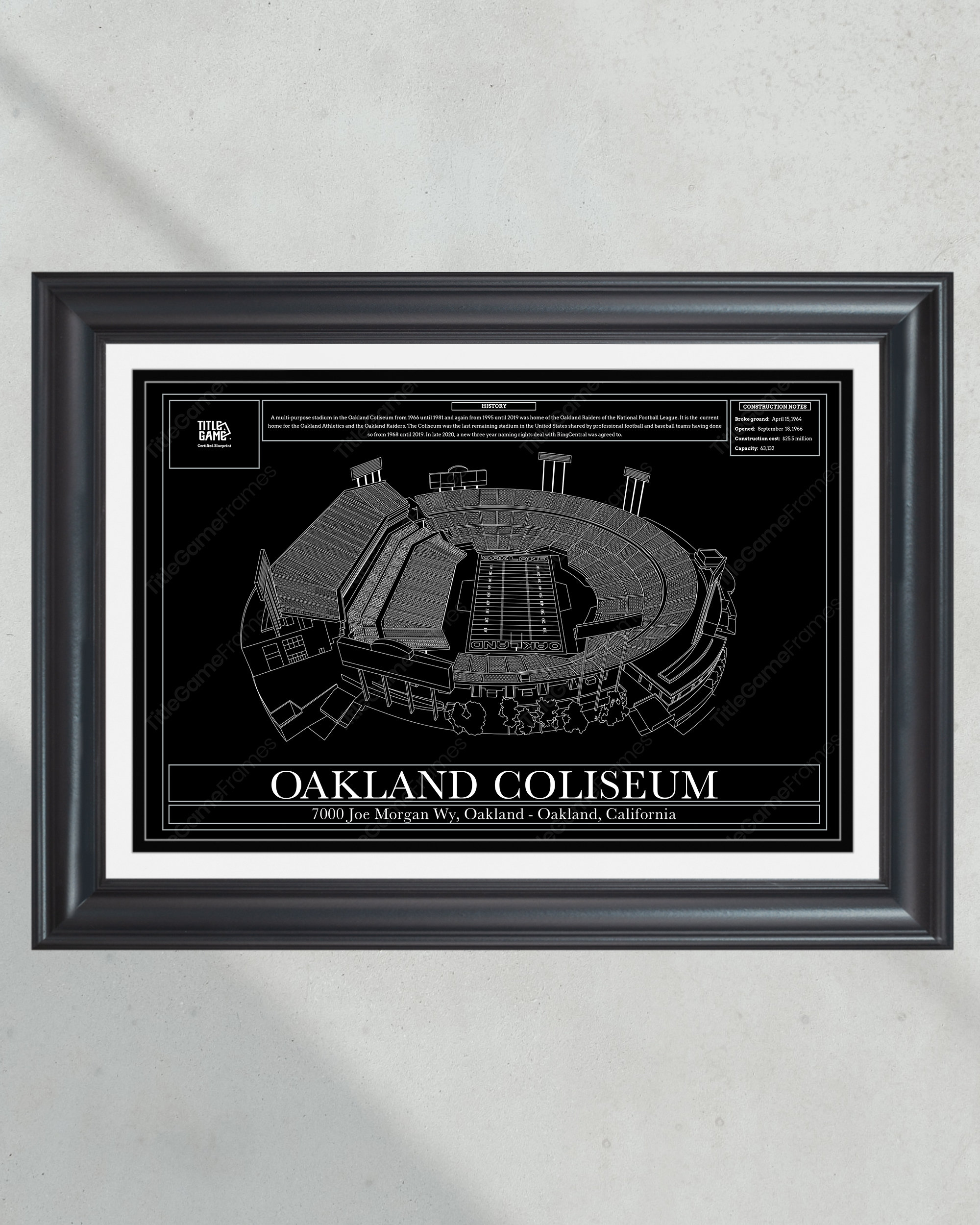 Oakland / Las Vegas Raiders Oakland Coliseum Stadium Blueprint Football Print PT60264