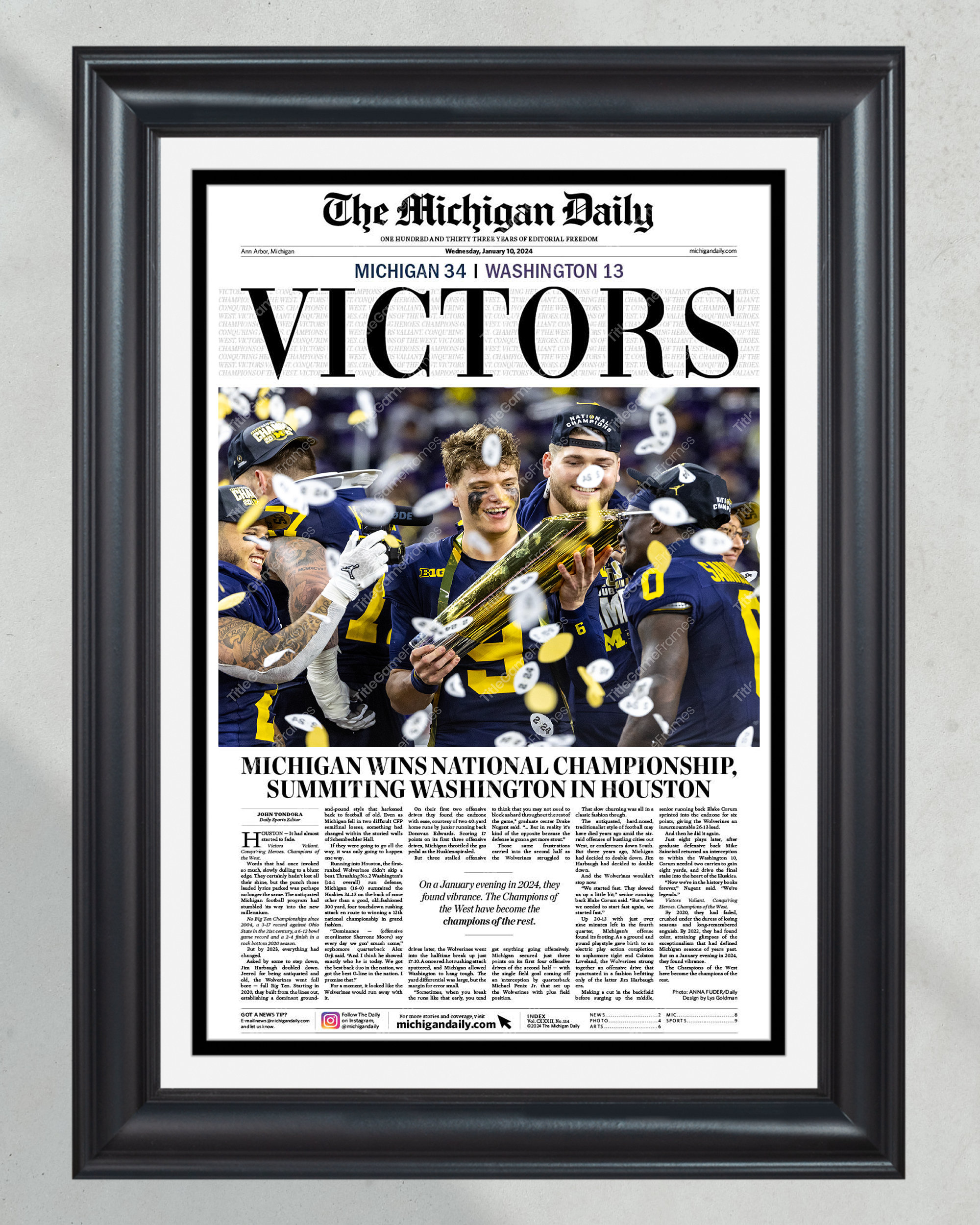 2024 Michigan Wolverines National Championship 'VICTORS' - Michigan Daily Commemorative Framed Print PT61040