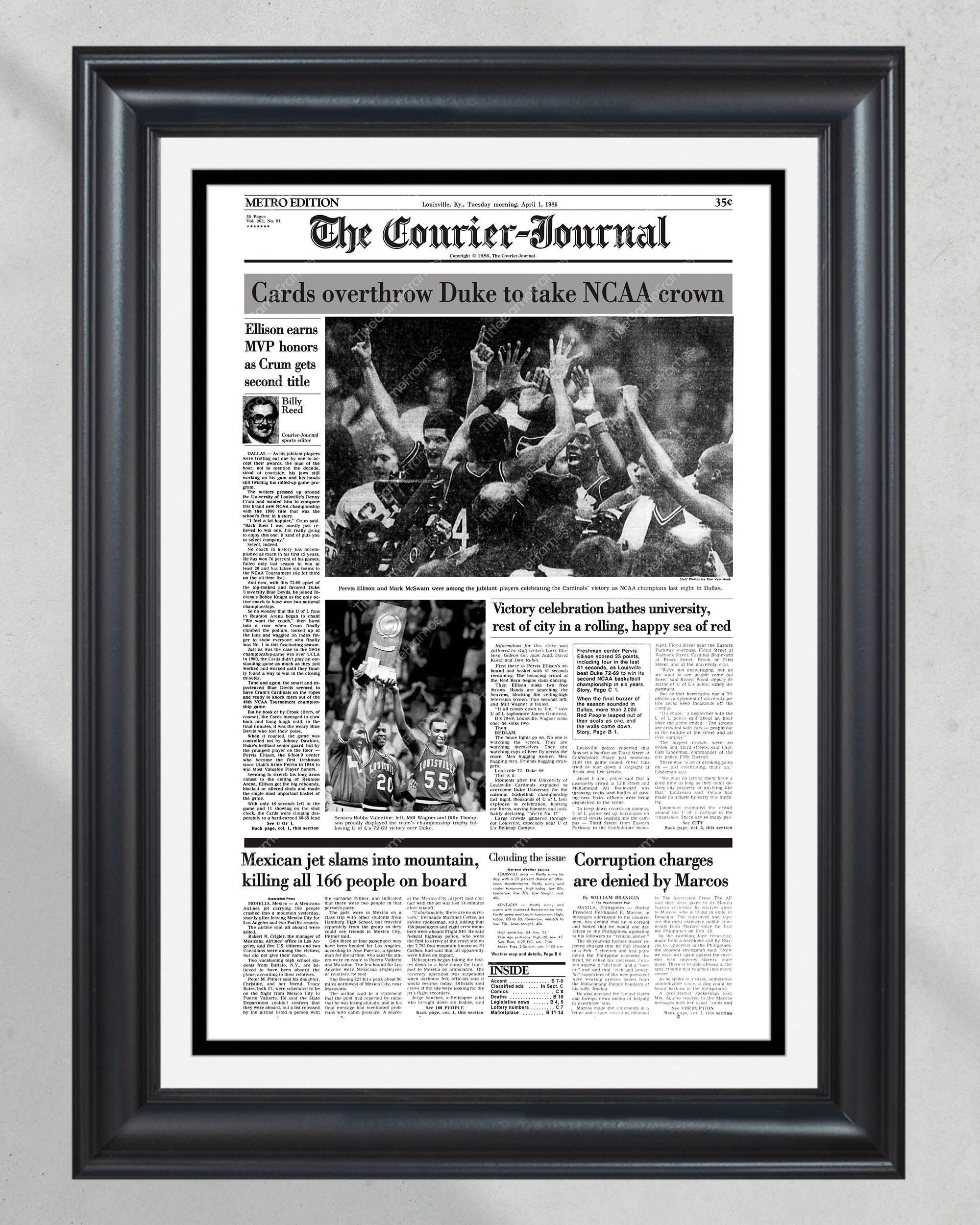 1986 Louisville Cardinals Triumph Over Duke - NCAA Basketball Championship Framed Newspaper PT61028