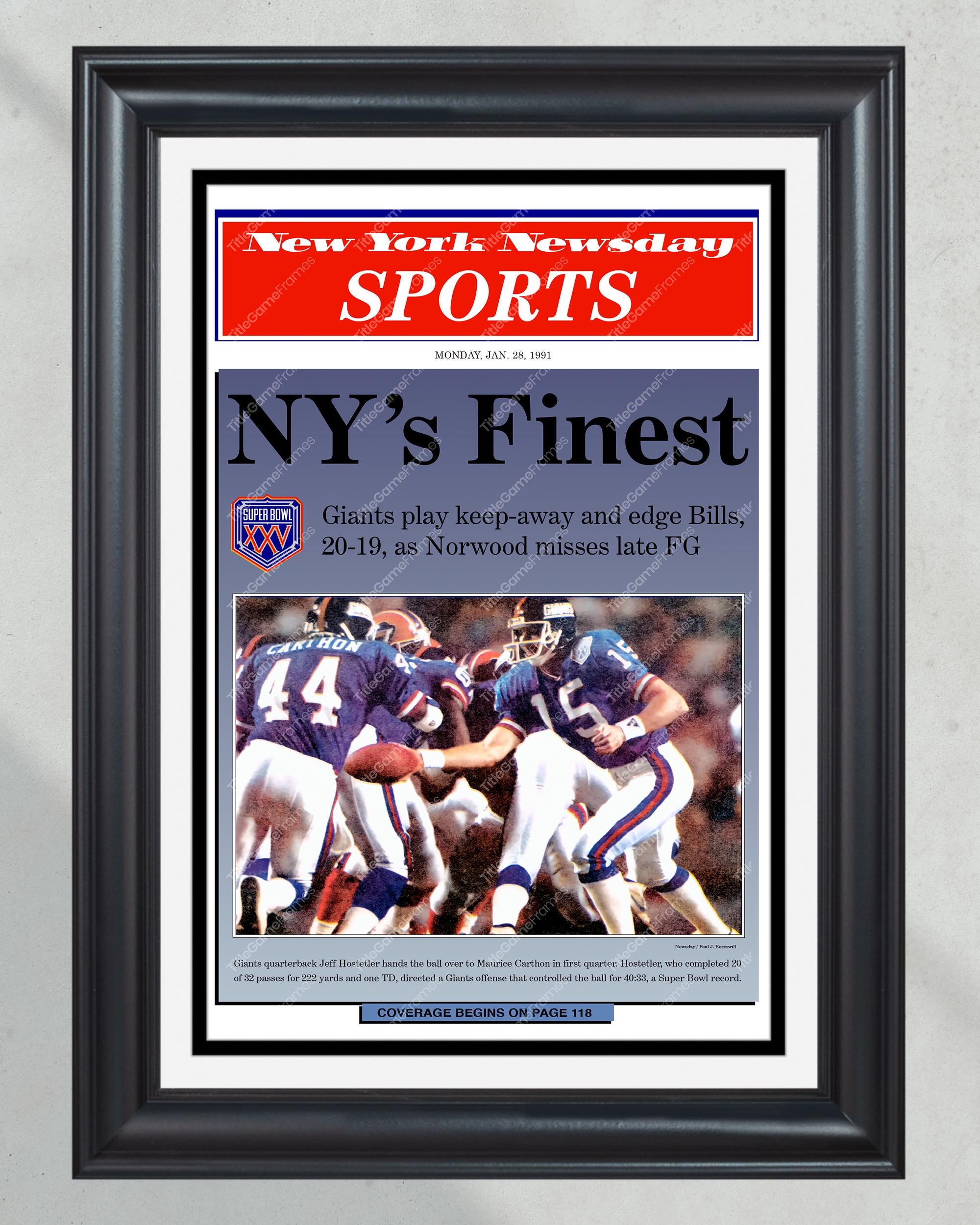 1991 New York Giants Super Bowl XXV Champions 'NY's Finest' - Framed Front Page Newspaper PT60249