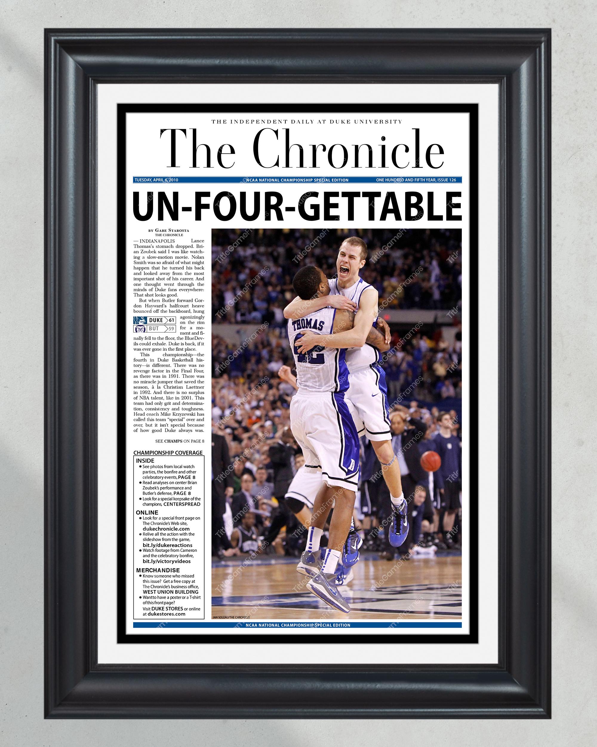 2010 Duke Blue Devils "Unfourgettable" NCAA College Basketball National Champions Framed Front Page Newspaper Print PT60719