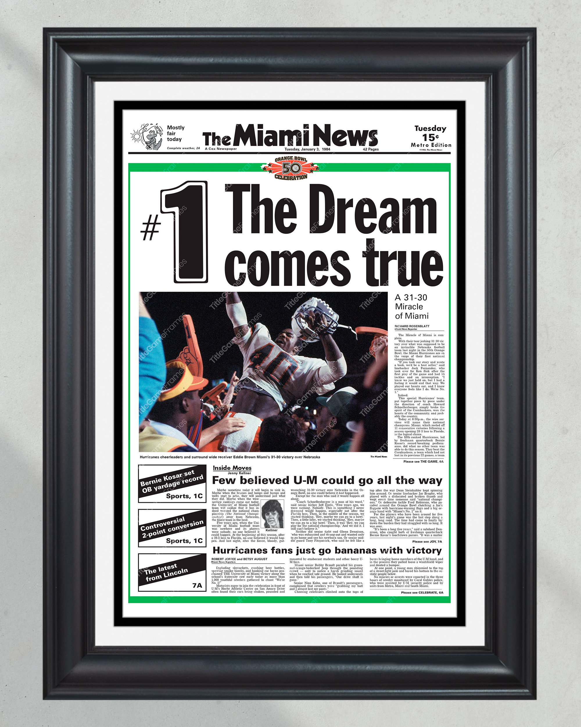 1983 Miami Hurricanes: '#1 The Dream Comes True' National Champions Framed Newspaper PT60357