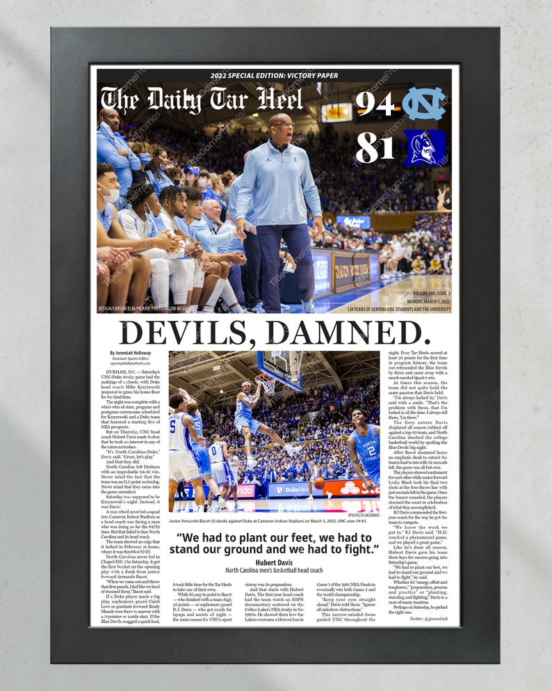 Puede incluir: Un titular de peri&oacute;dico dice "Devils, Damned." con una foto de un jugador de baloncesto en el aire, un entrenador dando un discurso y un marcador de 94-81. La cita del entrenador es: "We had to plant our feet, we had to stand our ground and we had to fight."