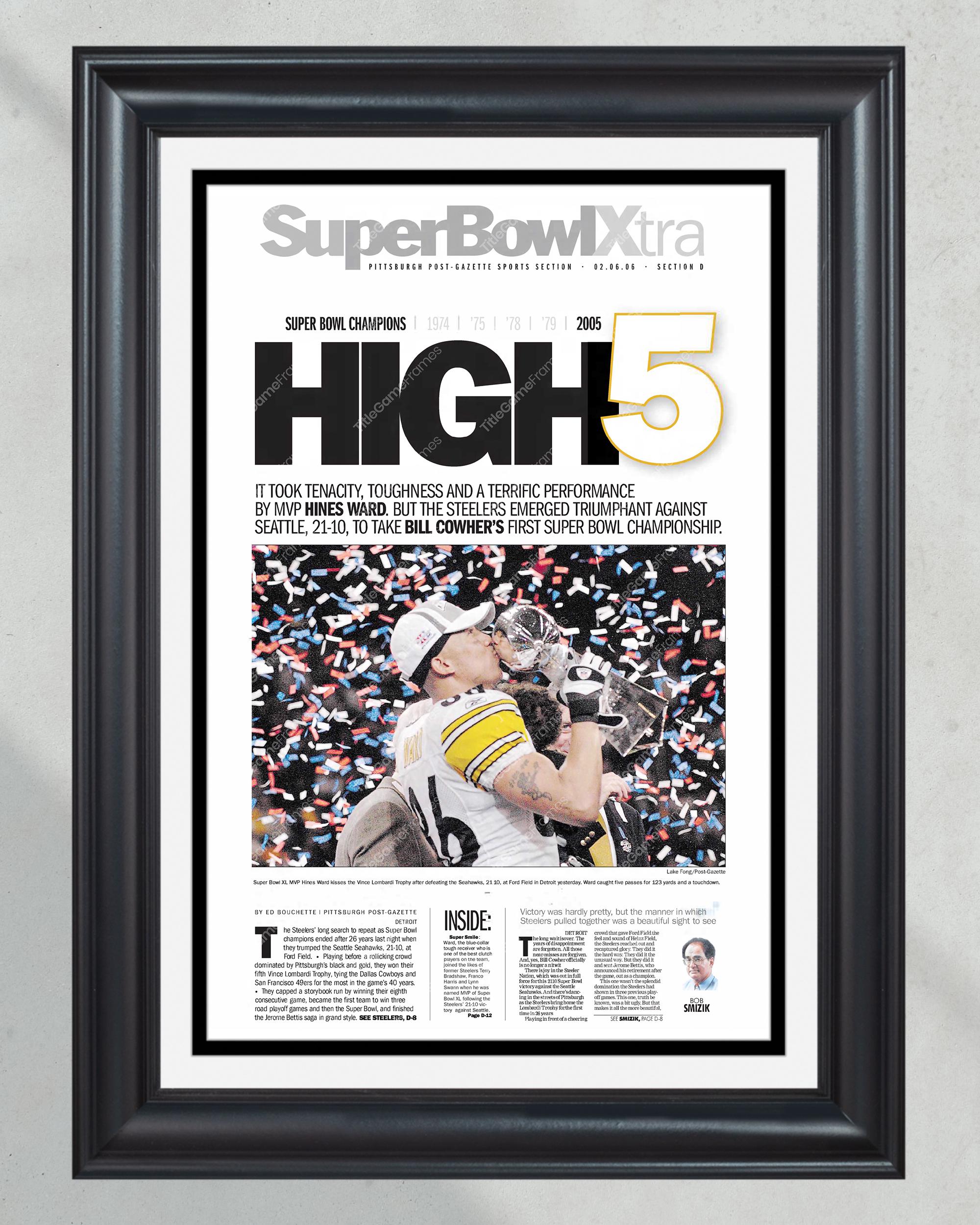 2006 Pittsburgh Steelers "High 5" Super Bowl Champions Framed Front Page Newspaper Print PT61046