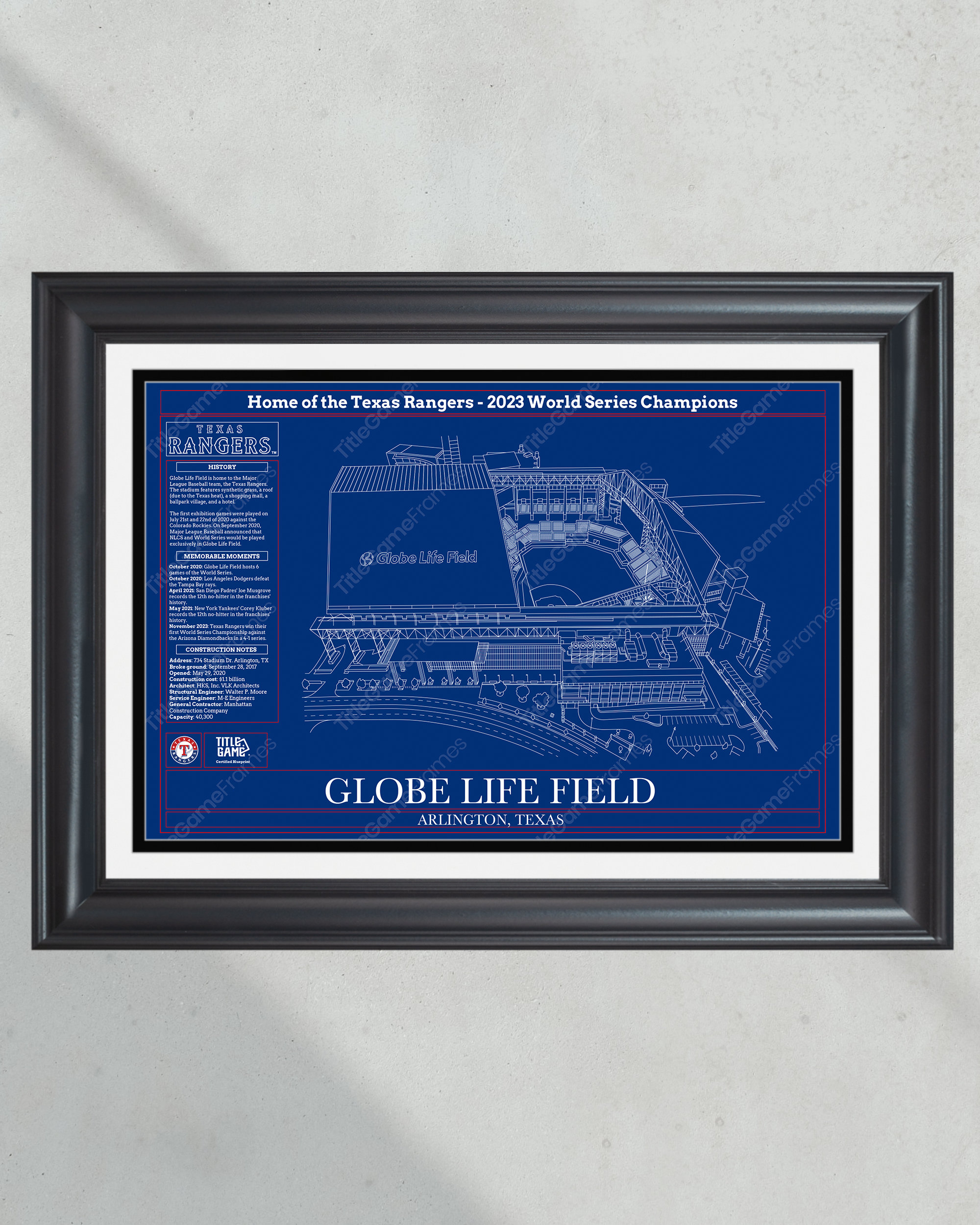 Texas Rangers Globe Life Field Stadium Ballpark Blueprint Baseball Wall Art PT60599