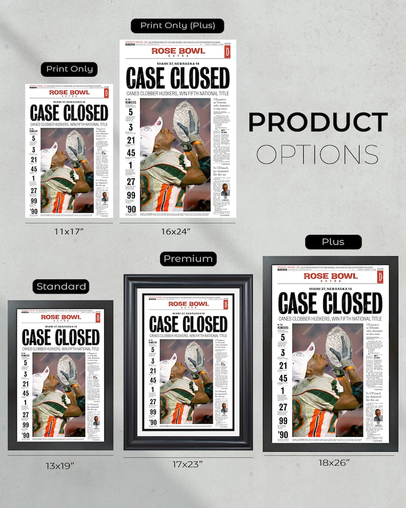 May include: A newspaper print featuring a photo of a football player holding up a trophy. The headline reads "ROSE BOWL CASE CLOSED CANES CLOBBER HUSKERS, WIN FIFTH NATIONAL TITLE". The print is available in various sizes, including 11x17 inches, 13x19 inches, 16x24 inches, 17x23 inches, and 18x26 inches.