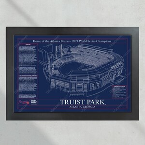 Truist Park Blueprint in Standard Wood Frame (19"x13") with Glare-Resistant Plexiglass and Team-Themed Navy Blue Background.