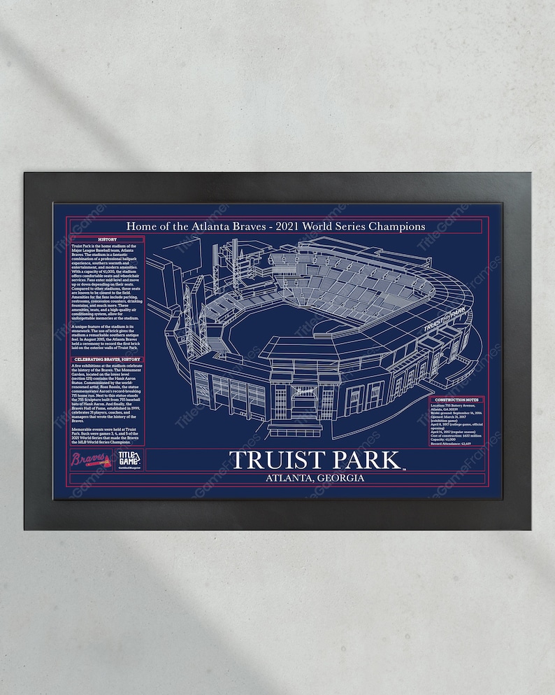 Truist Park Blueprint in Standard Wood Frame (19"x13") with Glare-Resistant Plexiglass and Team-Themed Navy Blue Background.